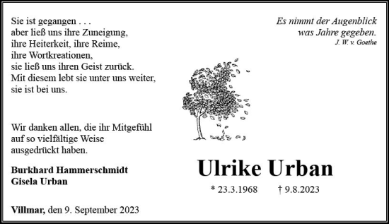 Traueranzeige von Ulrike Urban von Nassauische Neue Presse