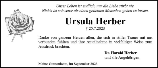 Traueranzeige von Ursula Herber von Allgemeine Zeitung Mainz
