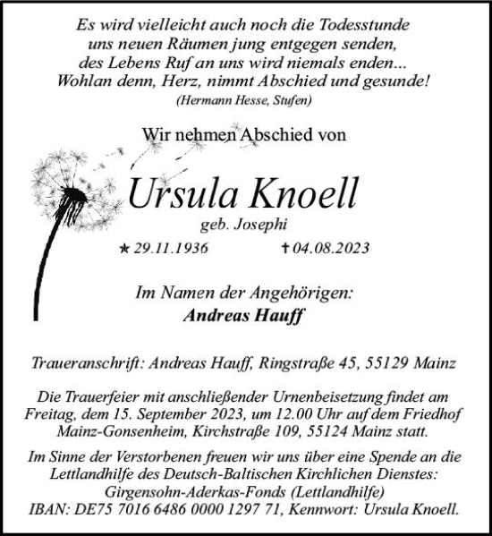 Traueranzeige von Ursula Knoell von Allgemeine Zeitung Mainz