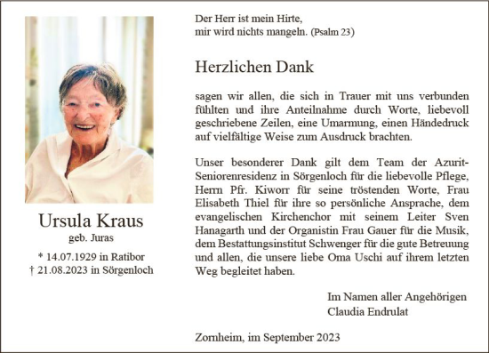 Traueranzeige von Ursula Kraus von Allgemeine Zeitung Mainz