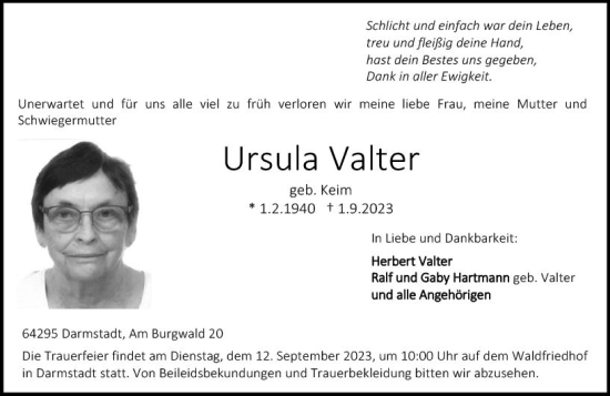 Traueranzeige von Ursula Valter von Darmstädter Echo