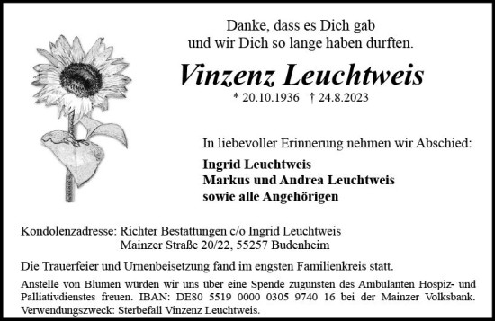 Traueranzeige von Vinzenz Leuchtweis von Allgemeine Zeitung Mainz