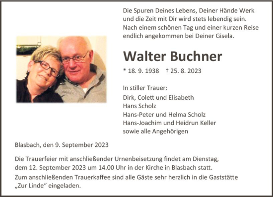 Traueranzeige von Walter Buchner von Wetzlarer Neue Zeitung