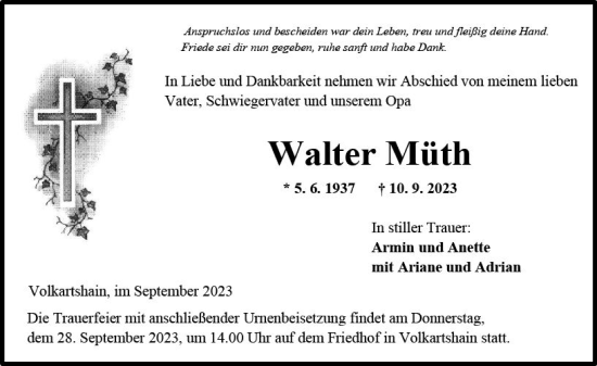 Traueranzeige von Walter Müth von VRM Trauer