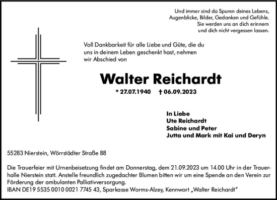Traueranzeige von Walter Reichardt von Allgemeine Zeitung Mainz
