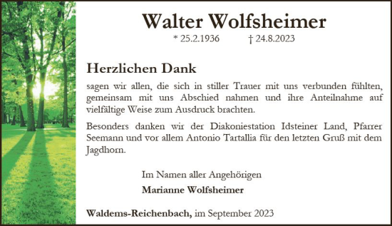 Traueranzeige von Walter Wolfsheimer von Camberger Anzeiger