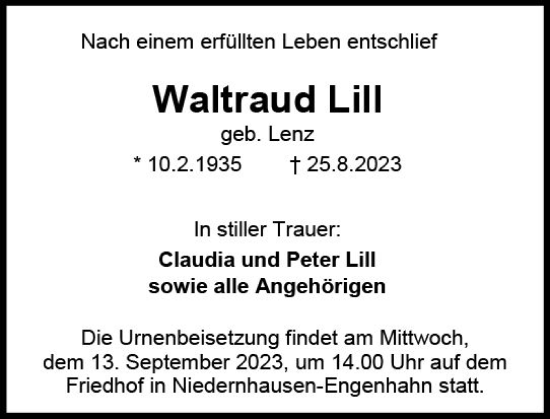 Traueranzeige von Waltraud Lill von Wiesbadener Kurier