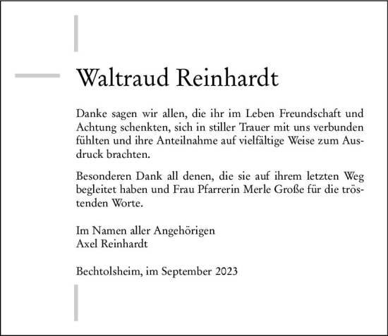 Traueranzeige von Waltraud Reinhardt von Allgemeine Zeitung Alzey