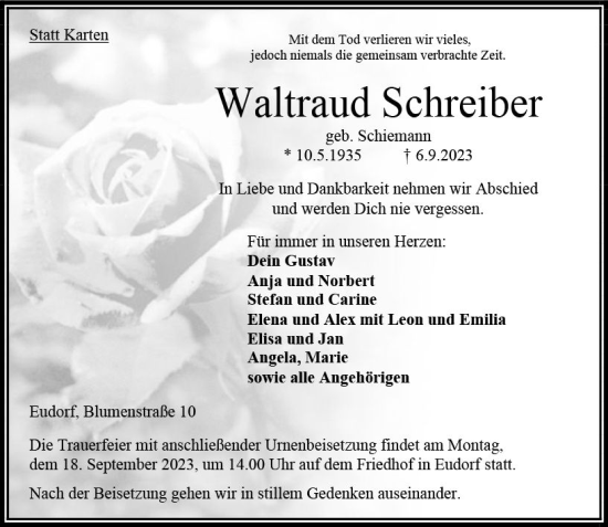 Traueranzeige von Waltraud Schreiber von VRM Trauer