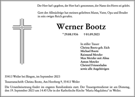 Traueranzeige von Werner Bootz von Allgemeine Zeitung Bingen/Ingelheim