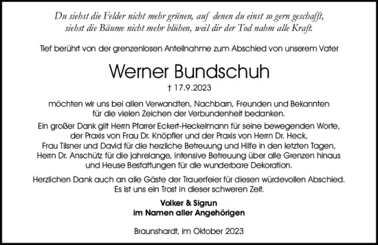 Traueranzeige von Werner Bundschuh von Darmstädter Echo