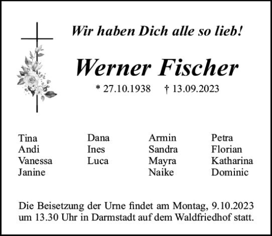 Traueranzeige von Werner Fischer von Darmstädter Echo
