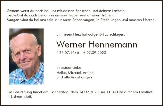 Traueranzeige von Werner Hennemann von Allgemeine Zeitung Mainz