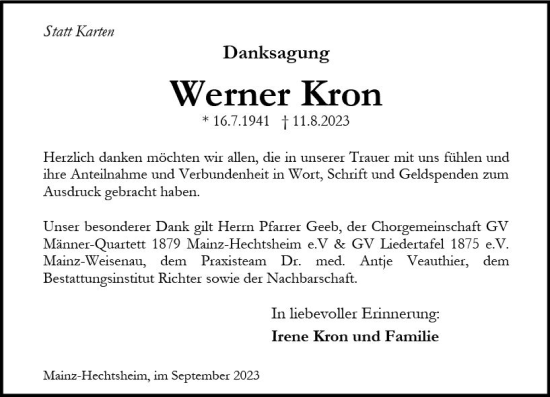 Traueranzeige von Werner Kron von Allgemeine Zeitung Bingen/Ingelheim Traueranzeige von Werner Kron von Allgemeine Zeitung Bingen/Ingelheim