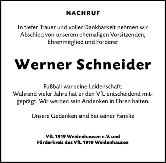 Traueranzeige von Werner Schneider von Hinterländer Anzeiger
