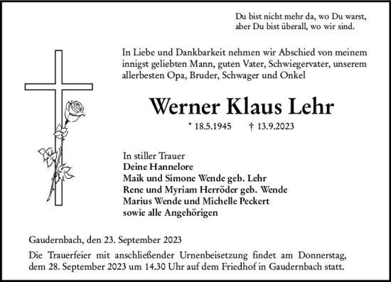 Traueranzeige von Werner Klaus Lehr von Weilburger Tageblatt