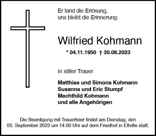 Traueranzeige von Wilfried Kohmann von Wiesbadener Kurier