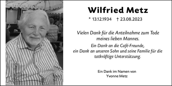 Traueranzeige von Wilfried Metz von Allgemeine Zeitung Mainz