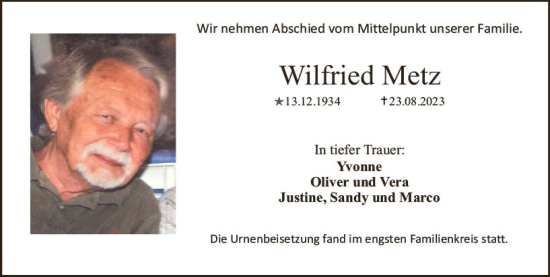 Traueranzeige von Wilfried Metz von Allgemeine Zeitung Mainz