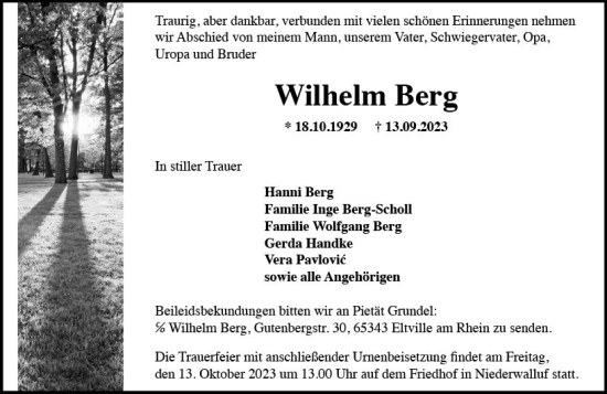 Traueranzeige von Wilhelm Berg von Rheingau Kurier