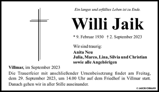 Traueranzeige von Willi Jaik von Weilburger Tageblatt
