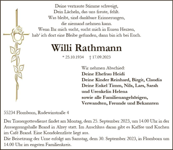 Traueranzeige von Willi Rathmann von Allgemeine Zeitung Alzey