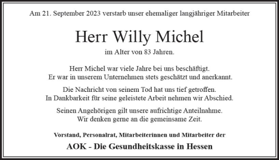 Traueranzeige von Willy Michel von Groß-Gerauer Echo