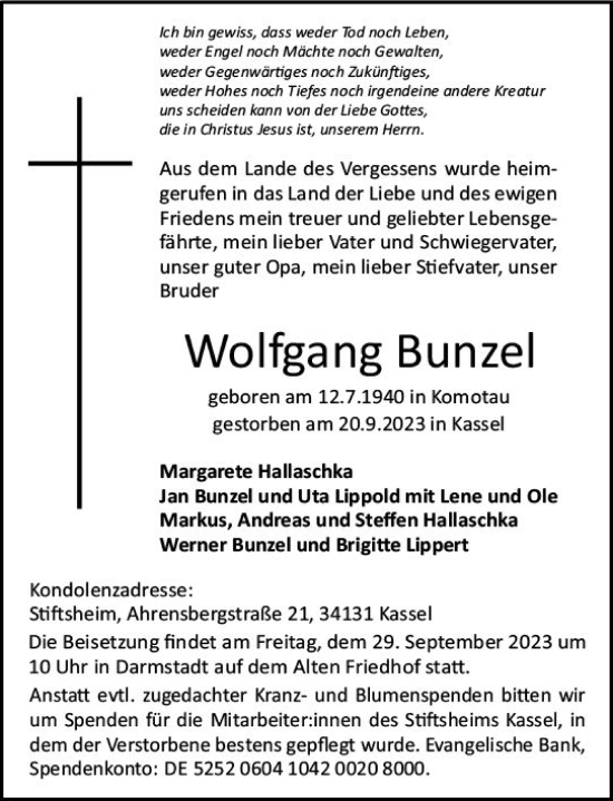 Traueranzeige von Wolfgang Bunzel von Darmstädter Echo