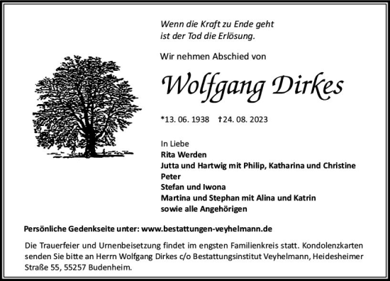 Traueranzeige von Wolfgang Dirkes von Allgemeine Zeitung Mainz