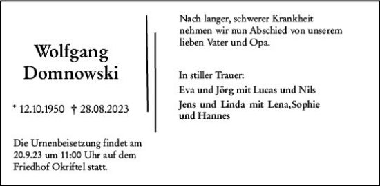 Traueranzeige von Wolfgang Domnowski von Allgemeine Zeitung Mainz