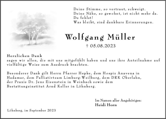 Traueranzeige von Wolfgang Müller von Weilburger Tageblatt