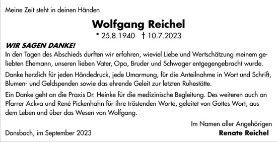 Traueranzeige von Wolfgang Reichel von Dill Block