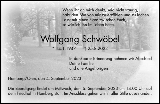 Traueranzeige von Wolfgang Schwöbel von VRM Trauer