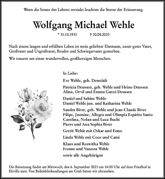 Traueranzeige von Wolfgang Michael Wehle von Wiesbadener Kurier