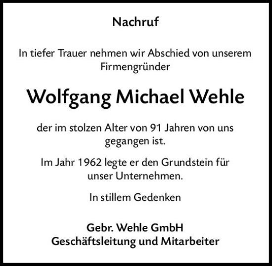 Traueranzeige von Wolfgang Michael Wehle von Wiesbadener Kurier