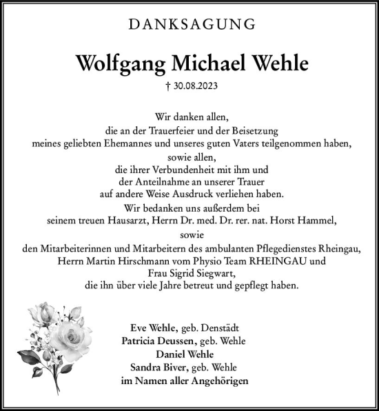 Traueranzeige von Wolfgang Michael Wehle von Wiesbadener Kurier