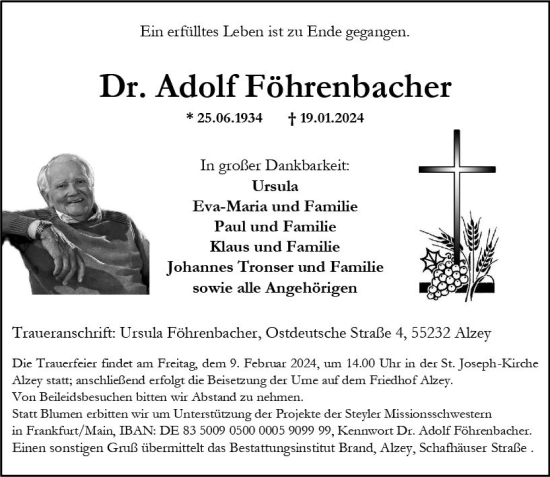 Traueranzeige von Adolf Föhrenbacher von Allgemeine Zeitung Alzey