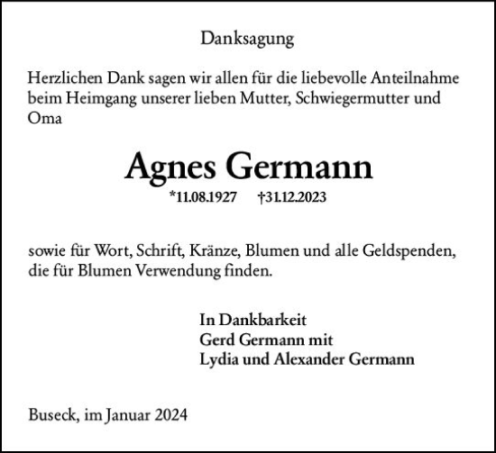 Traueranzeige von Agnes Germann von Dill Block