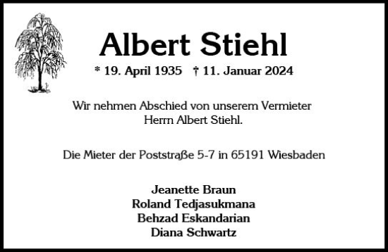 Traueranzeige von Albert Stiehl von Wiesbadener Kurier