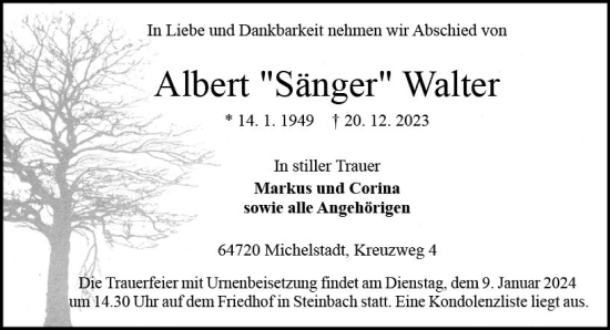 Traueranzeige von Albert  Walter von Odenwälder Echo
