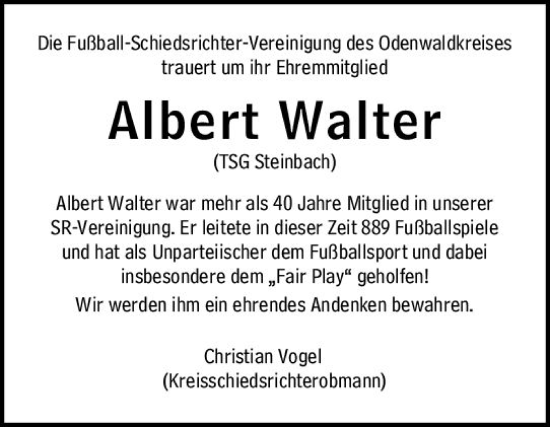 Traueranzeige von Albert  Walter von Odenwälder Echo
