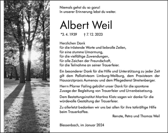 Traueranzeige von Albert Weil von Weilburger Tageblatt