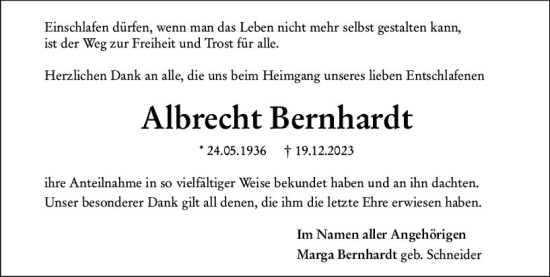 Traueranzeige von Albrecht Bernhardt von Wetzlarer Neue Zeitung