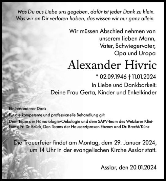 Traueranzeige von Alexander Hivric von Wetzlarer Neue Zeitung