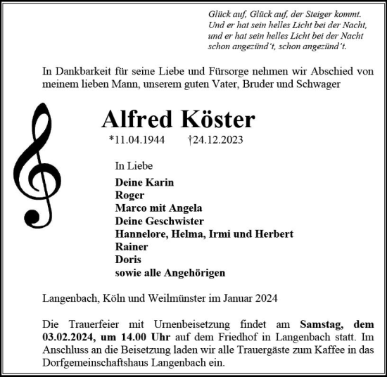 Traueranzeige von Alfred Köster von Weilburger Tageblatt