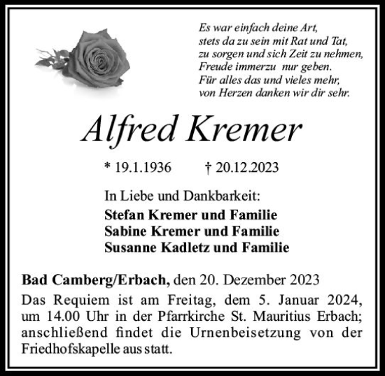 Traueranzeige von Alfred Kremer von Camberger Anzeiger