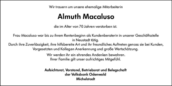 Traueranzeige von Almuth Macaluso von Odenwälder Echo