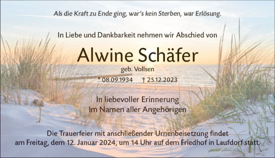 Traueranzeige von Alwine Schäfer von Wetzlarer Neue Zeitung