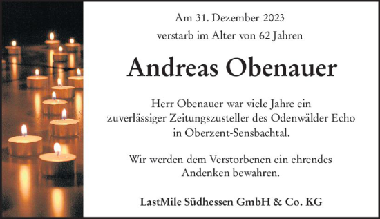 Traueranzeige von Andreas Obenauer von Odenwälder Echo