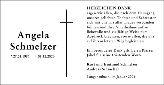 Traueranzeige von Angela Schmelzer von Dill Block